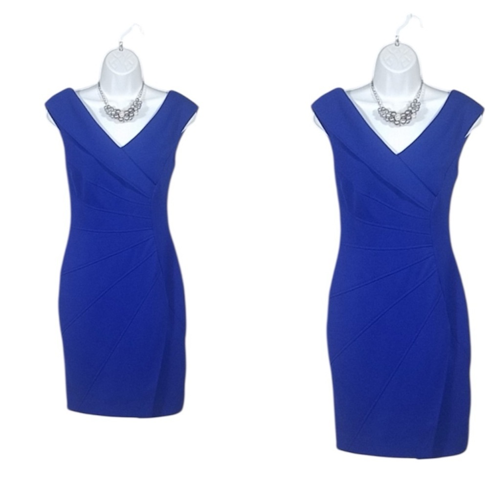 Maggy London Blue Sheath Dress Double V Neck Sleeveless Excellent Size 4 - Picture 8 of 9